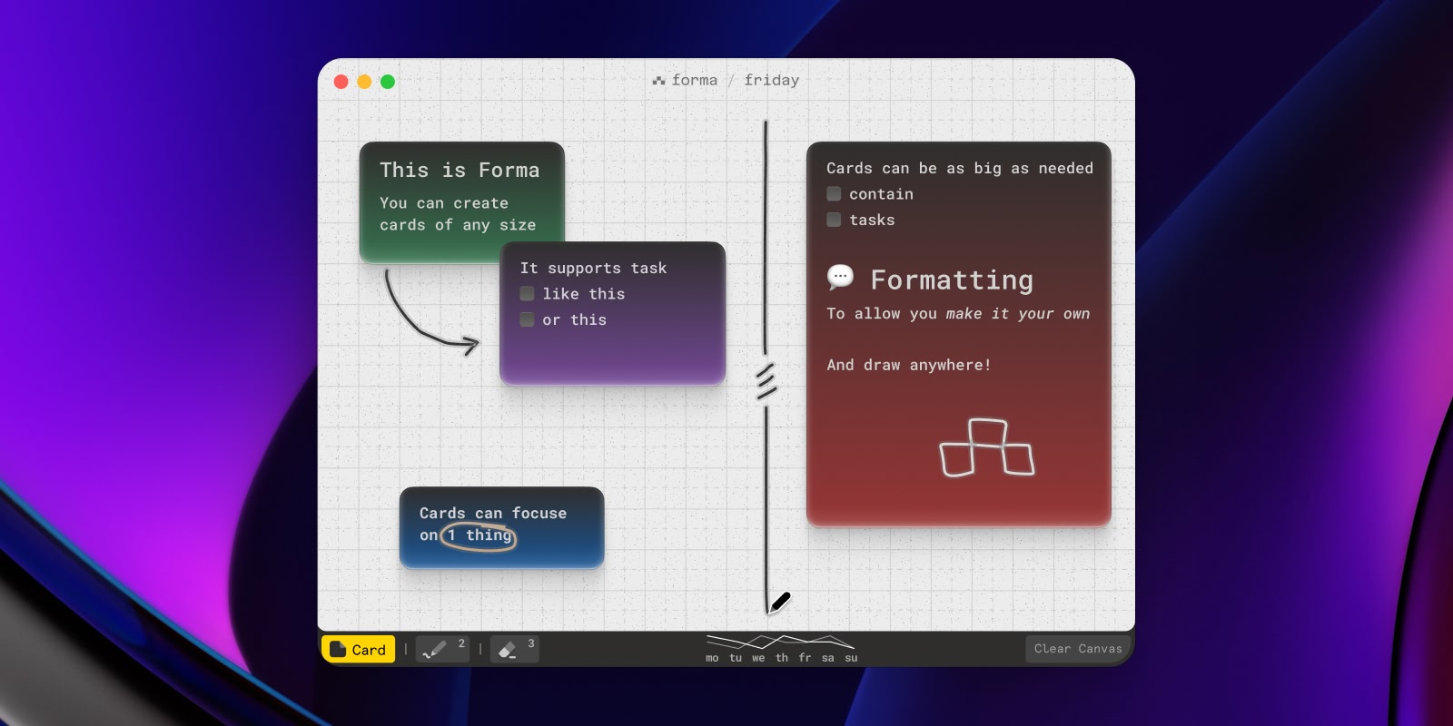 Forma app opened on a canvas with some cards displayed
