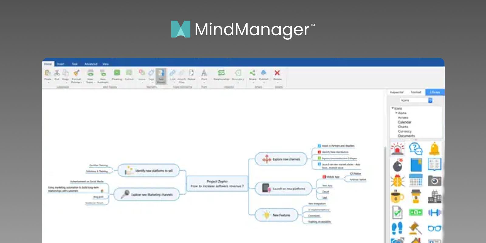 Screenshot of MindManager showing a project mind map with the ribbon toolbar and icon library