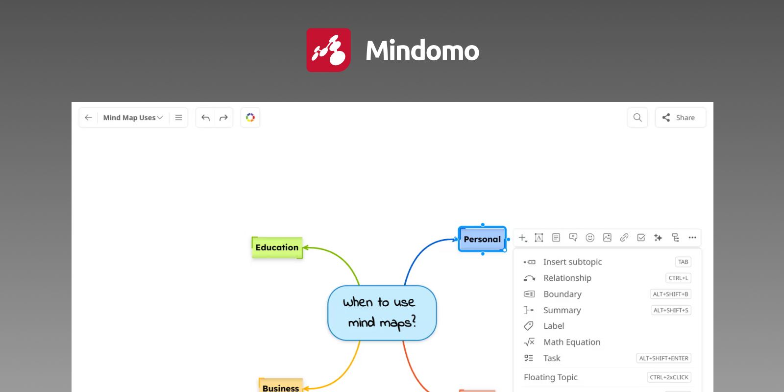 Screenshot of Mindomo showing a hand-drawn style mind map with the topic menu open