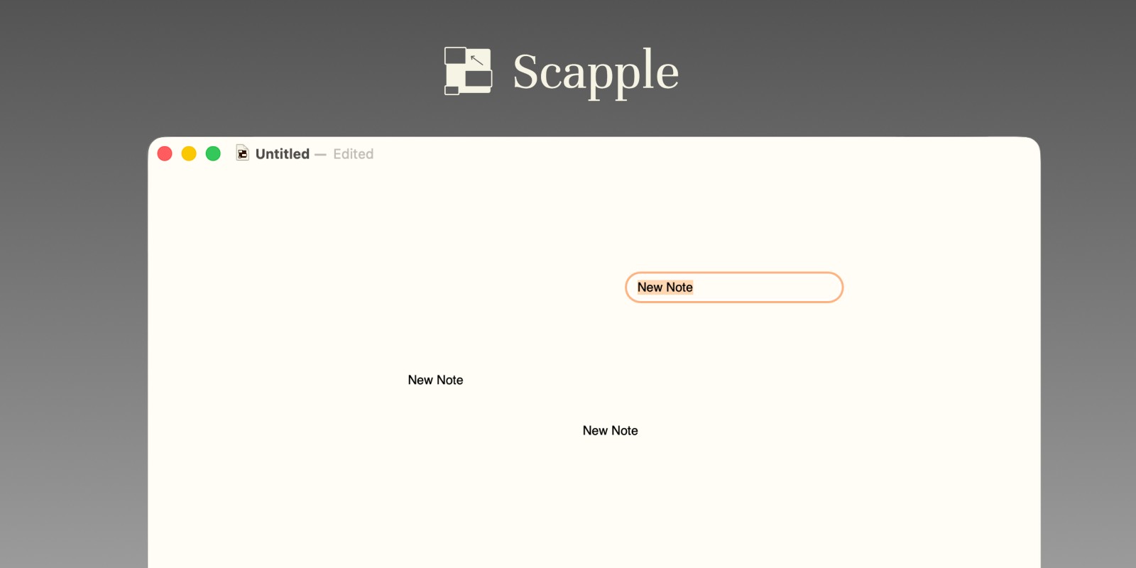 Screenshot of Scapple open on a Mac showing a freeform idea board with notes and connections