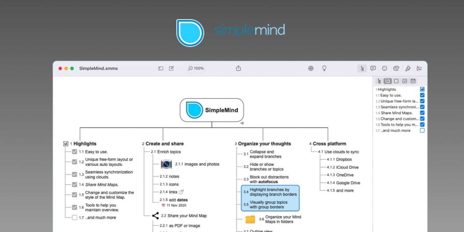 Screenshot of SimpleMind Pro on a Mac showing a mind map with a checklist outline in the sidebar