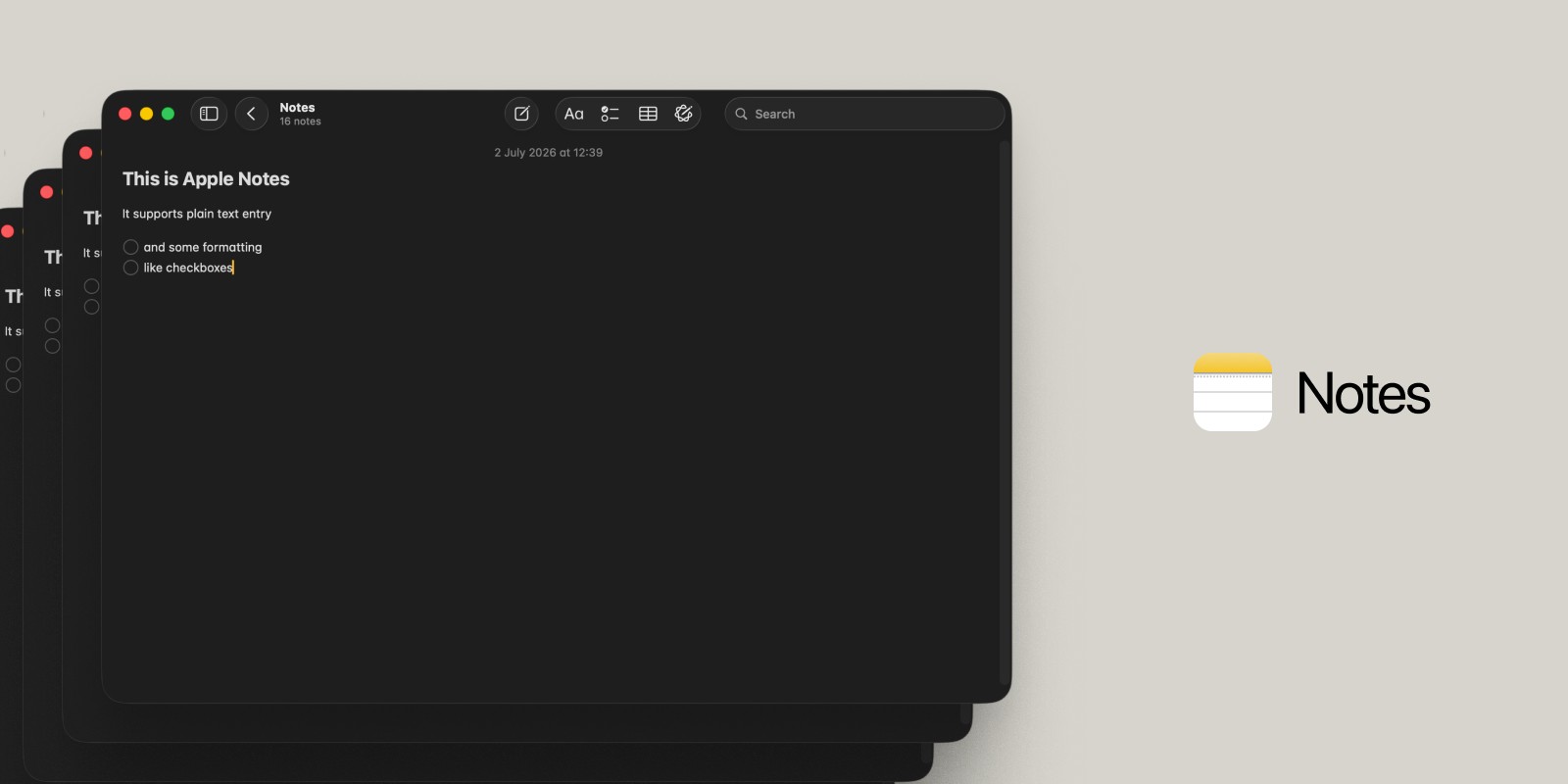 Screenshot of Apple Notes on a Mac showing nested folders and a formatted note