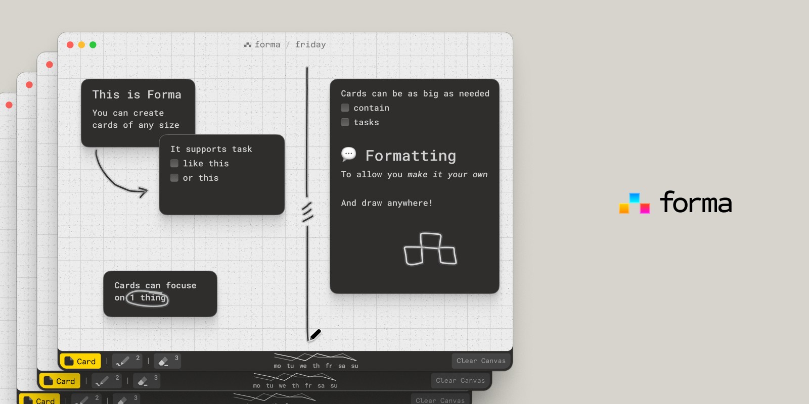 Screenshot of Forma app on Mac showing cards with formatted text inside