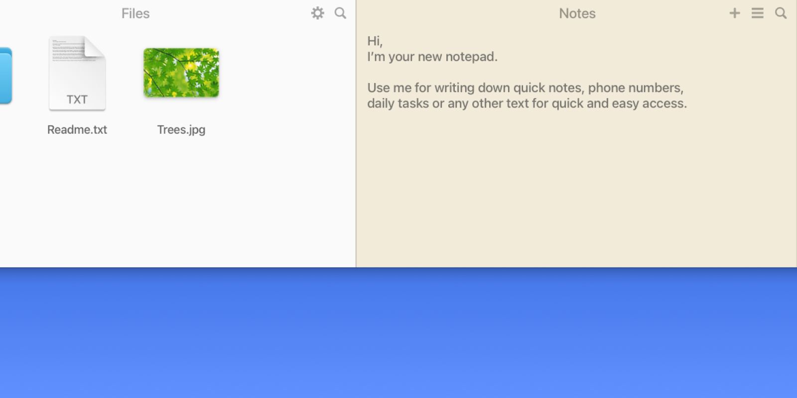 Screenshot of Unclutter's drawer with the Files and Notes panels open on a Mac