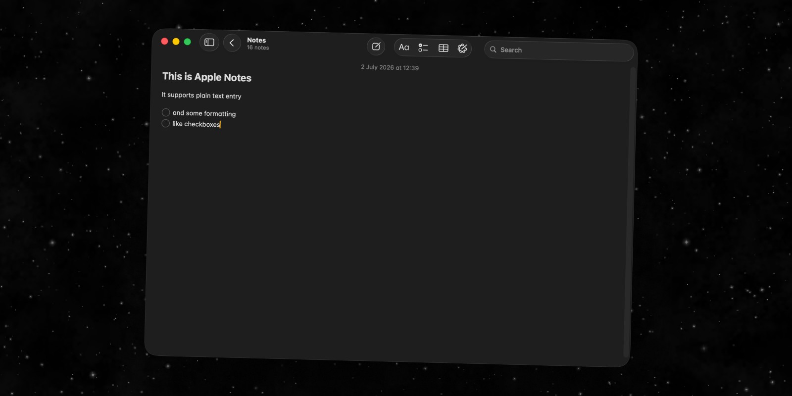 Screenshot of Apple Notes on a Mac showing nested folders and a formatted note