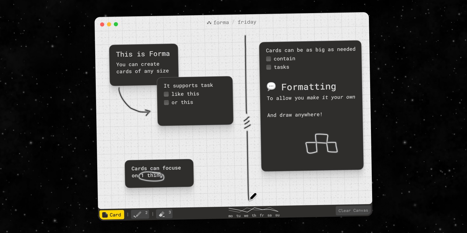 Screenshot of Forma app on Mac showing cards with formatted text inside
