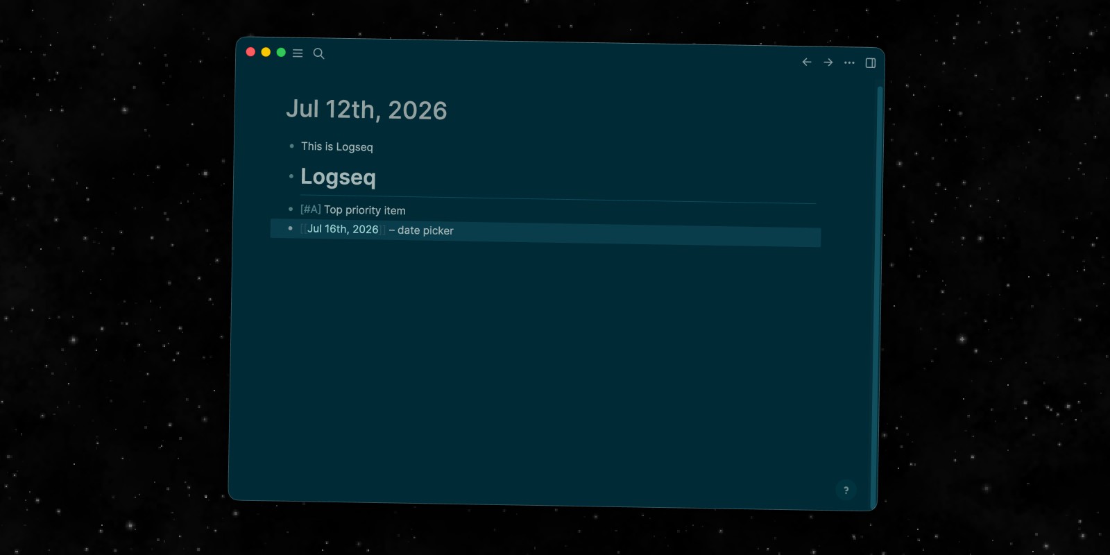 Screenshot of Logseq open on a Mac showing an outline of linked bullet points