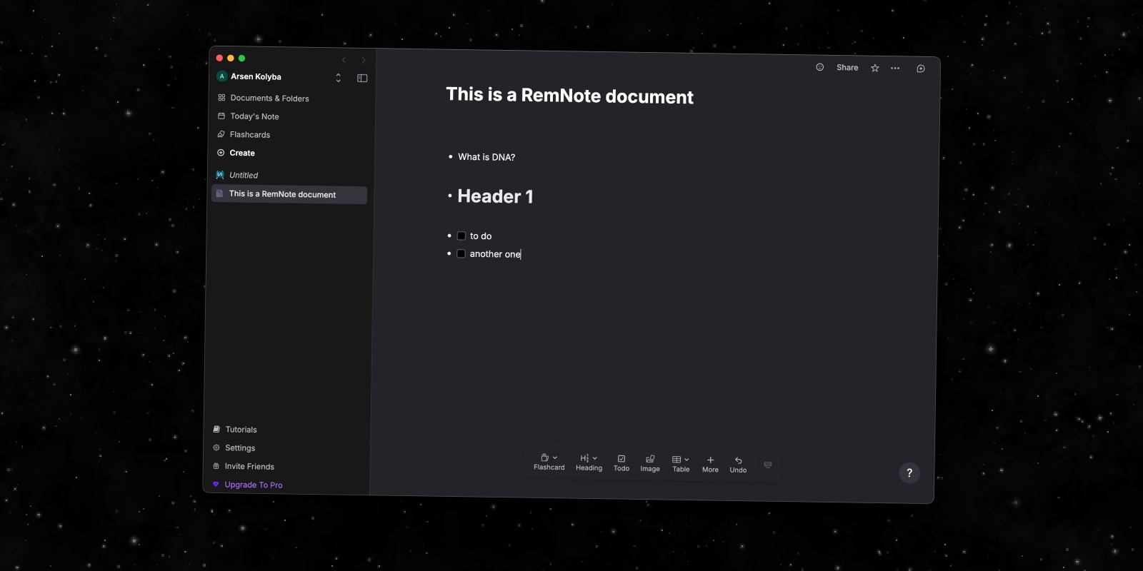 Screenshot of RemNote open on a Mac showing an outline with flashcard review