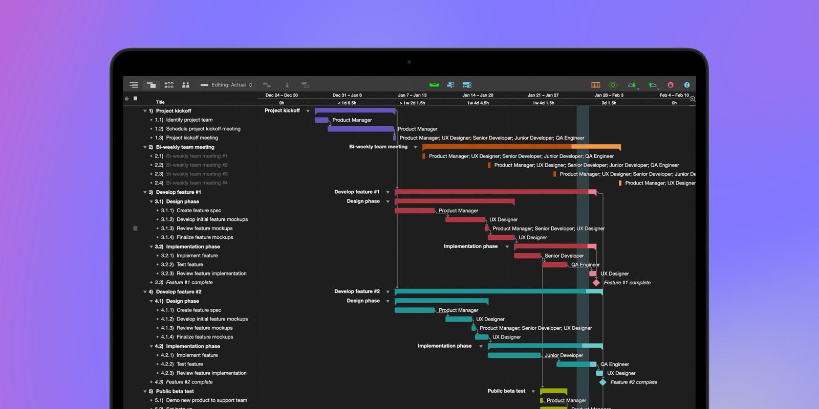 Screenshot of OmniPlan on a Mac showing a Gantt chart with task dependencies and resource assignments