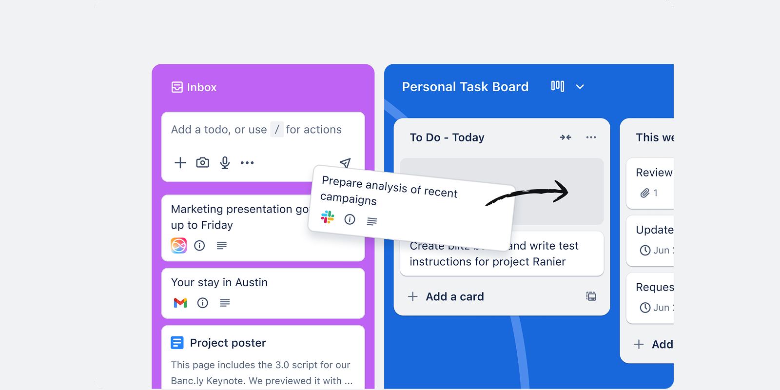 Screenshot of Trello showing an inbox and a Kanban board with a card being dragged between lists