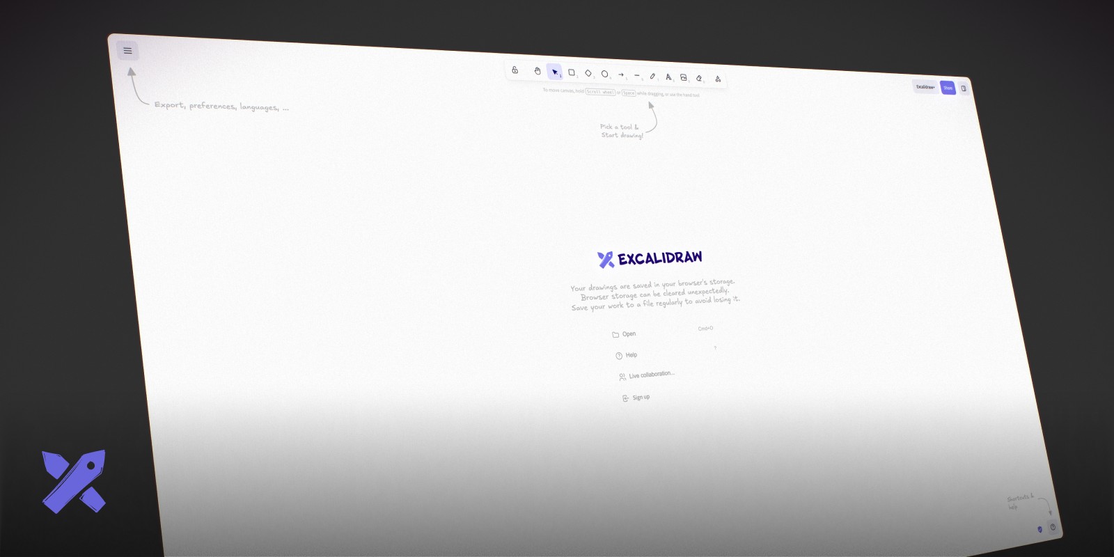 Screenshot of Excalidraw in a browser showing a hand-drawn-style whiteboard diagram