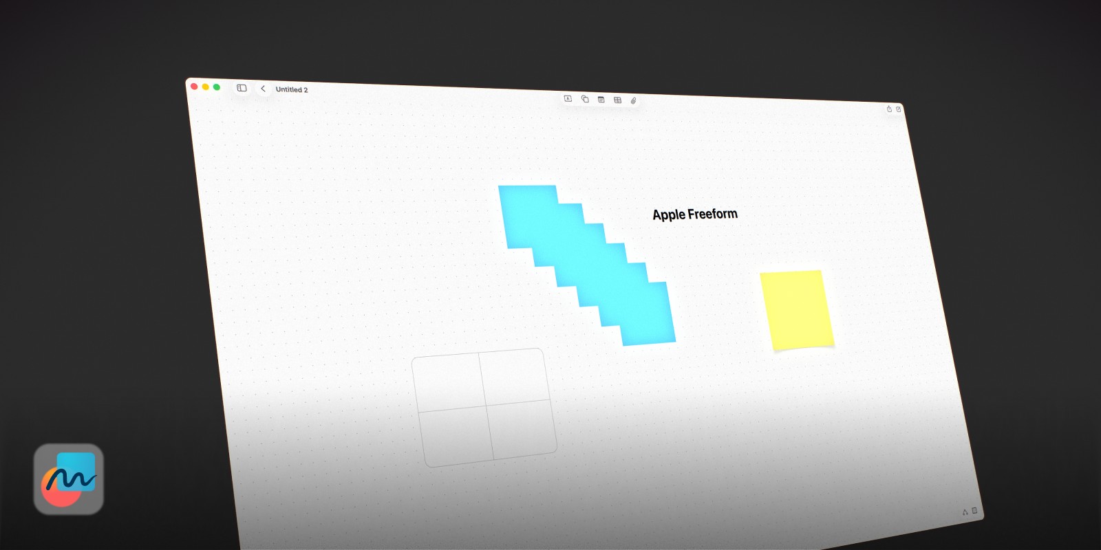 Screenshot of Apple Freeform showing a collaborative whiteboard with sticky notes and shapes