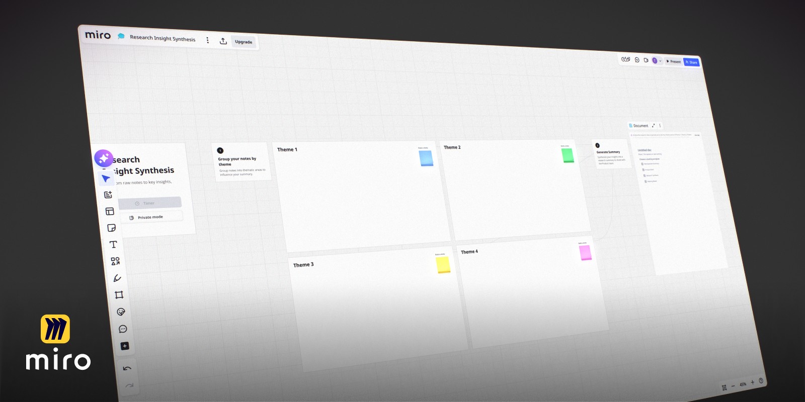 Screenshot of Miro's interface showing a team whiteboard with sticky notes, shapes, and connectors