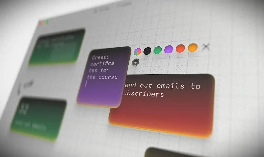 Colored cards on the Forma canvas, with the new color picker open beside a purple card